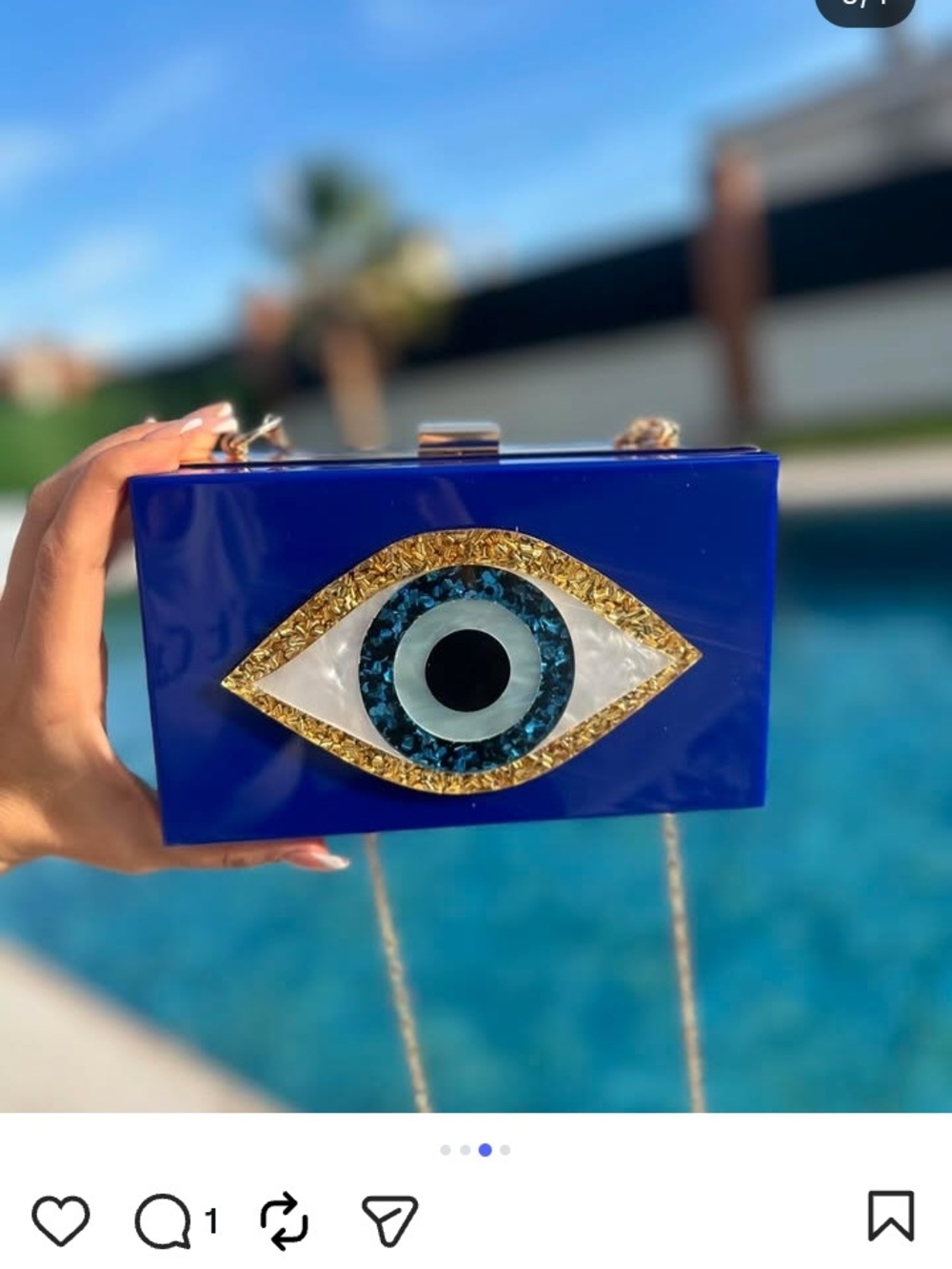 New Blue Acrylic Clutch With The Motif Evil Eye With A Crossbody Detachable Chai